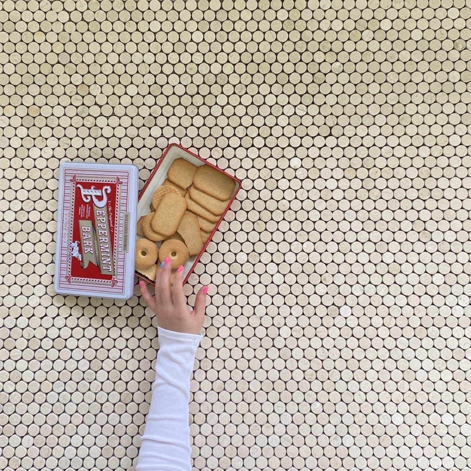 CREMA MARFIL & ARCTIC WHITE MARBLE MOSAIC POLISHED PENNY ROUND